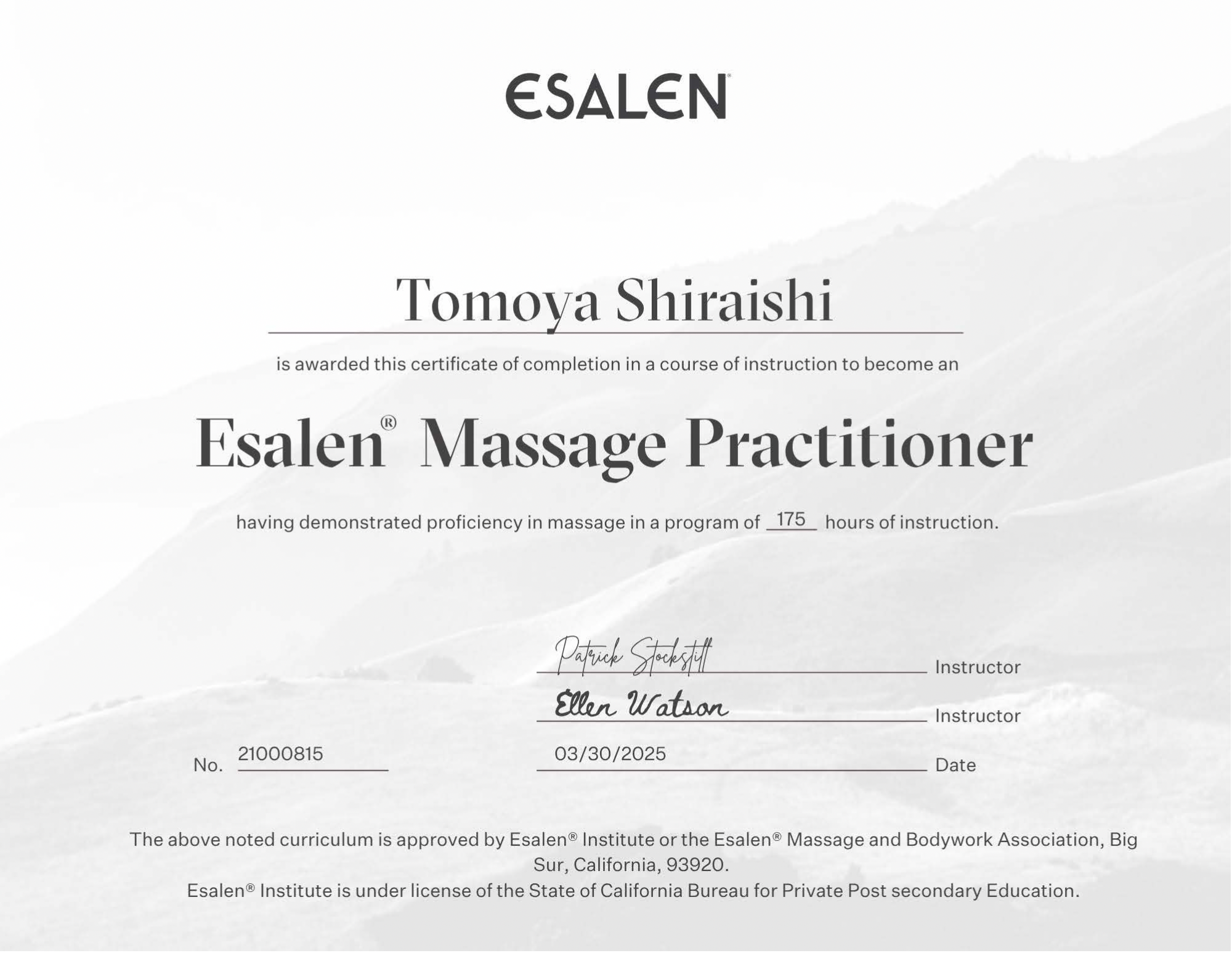 Certified Esalen Massage practitioner　エサレンマッサージ認定プラクティショナー認定証の画像